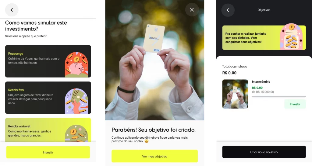 objetivos aplicativo yours, simulação de investimento com inteligência financeira
